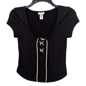Rue21 Black Rhinestone Tie Front Short Sleeve Top Size Medium